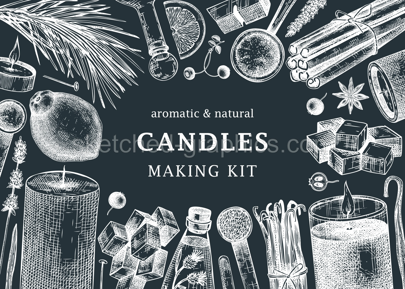 Hand-sketched aromatic candle ingredients frame on chalkboard. With candles, wax, fragrance, color, herbs, and skewers sketches. Vector design for aromatherapy, hobby, handcrafts, candle making. Illustration